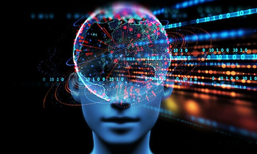 Das Gehirn ist mit einem Computerbildschirm verbunden. Visualisierung der Verbindung zwischen Mensch und Technologie.